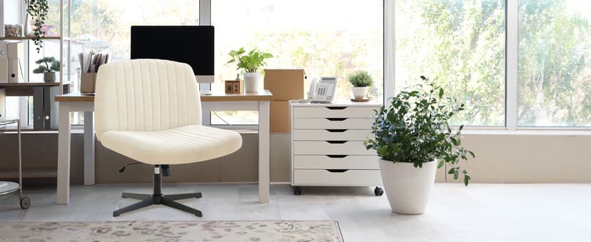 Orange Factory Criss Cross Chair No Wheel Wide Cross Legged Office Desk Vanity Chair Comfy Fabric Armless Adjustable Swivel for Home Computer Task (Beige No Wheel, Classic Fabric)