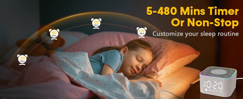 Wkzay White Noise Sound Machine: 30 Non-Looping Sleep Sound Therapy for Adults - Noise Canceling for Bedroom, Adjustable Night Light & Timer, Built-in Alarm Clock