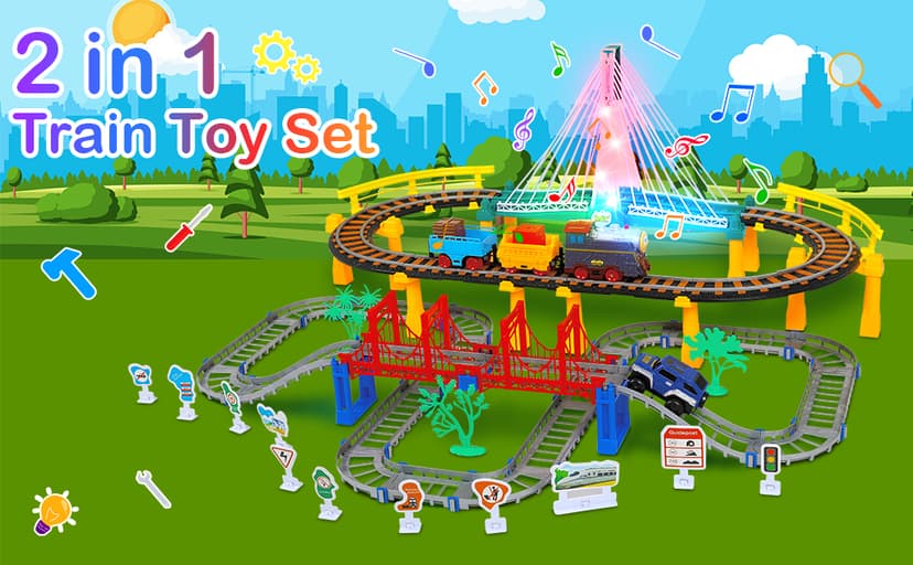 Electric Train Set for Kids Ages 4-8 with Train Tracks Set & Car Tracks Lights Up Bridge Road Sign Realistic Sound Train Track Accessories Playset Boy Toys Birthday 4 5 6 7 8+ Year Old