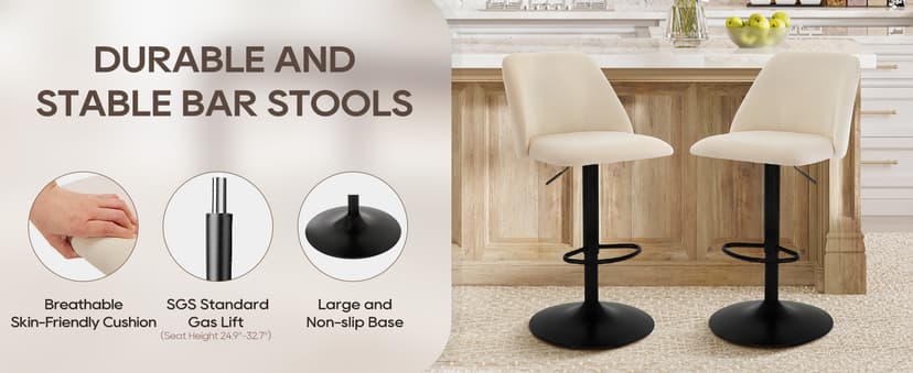 COLAMY Bar Stools Set of 4, Modern Swivel Bar Chairs, Adjustable Upholstered Barstools Counter Height with Full Backrest for Bar, Dining Room, Kitchen Island, Beige