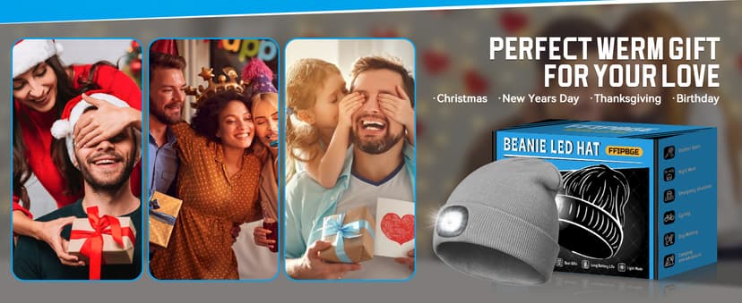 Christmas Stocking Stuffers for Men Adults, Beanie Hats with Light, USB Rechargeable LED Hand Free Headlamp, Birthday Gifts for Men, Women, and Teens, Ideal for Camping, Hiking, Black