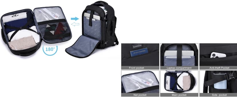 Asenlin Travel Backpack for Women and Men,Fit 15.6 Inch Carry on Backpack Flight Approved Luggage,Weekender Bag Water Resistant Laptop Backpack-Black