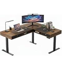 HUANUO 63″ L-Shaped Standing Desk, Built-in Power Outlets, Electric Height Adjustable Corner Computer Desk, Large Power Strip Holder, Sit Stand Up Desk with 3 Preset Heights, Vintage Brown