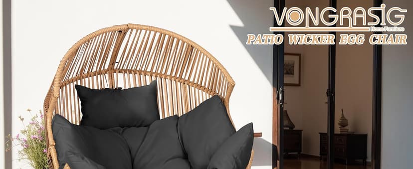 Vongrasig Wicker Egg Chair PE Rattan Rocking Chair with Cushion, Oversized Patio Lounge Rocker Chair for Outdoor, Indoor, Balcony, Backyard, Garden, Black