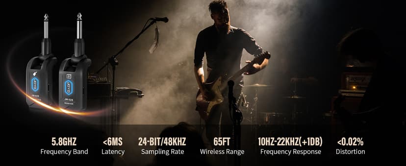 JOYO 5.8GHz Wireless Guitar System Wireless Guitar Transmitter Receiver Rechargeable Audio with 4 Signal Channels for Electric Guitar Bass 20M (JW-02S)