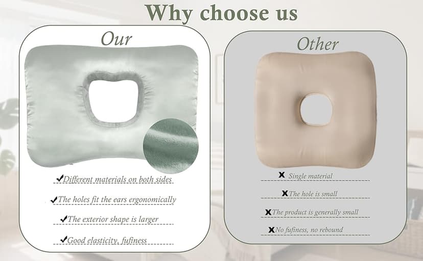 Yuibthr Ear Piercing Pillow for Side Sleepers with Ear-Shaped Hole for Ear Pain, Reversible Satin & Cotton Washable and Adjustable Ergonomic Ear Guard Protector for Side Sleeping