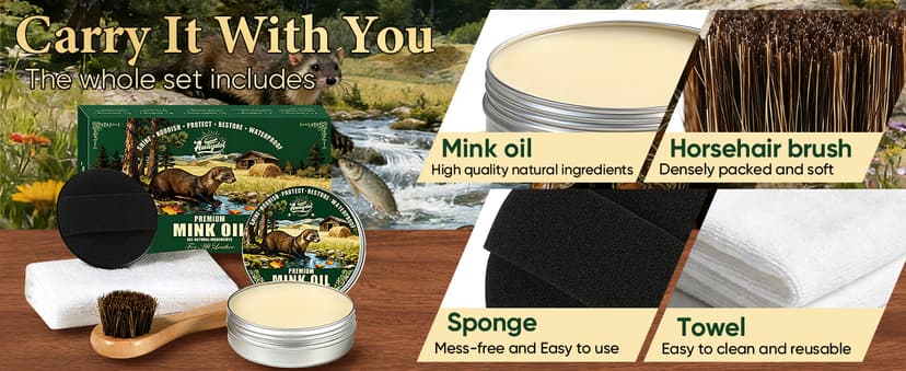 Awaydol 4-in-1 Mink Oil Leather Conditioner and Cleaner 3.52 oz - Premium Waterproof Formula for Leather Cowboy Boots,Shoes,Saddles & Bags with Horsehair Brush, Sponge & Microfiber Cloth