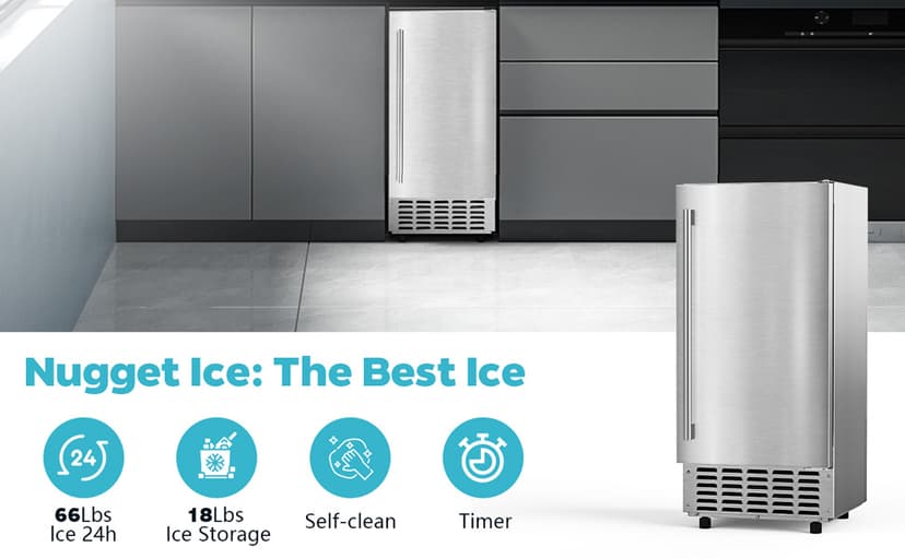 Electactic Nugget Ice Machine, Commercial Undercounter Ice Maker, 66Lbs/Day, Built-in Freestanding Stainless Steel, Self-Cleaning & 24H Timer for Business/Bar