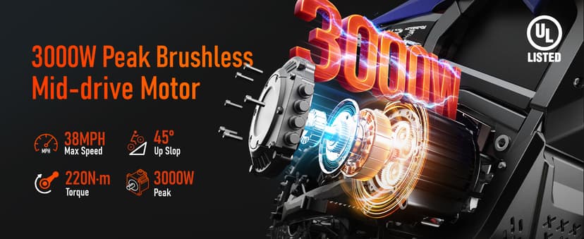 Electric Dirt Bike for Adults Teens, 3000W Brushless 220Nm Motor - 45° Slope, 38 MPH, 48V/23.5Ah Removable Battery, Dual Hydraulic Brakes & Full Suspension Electric Motorcycle for Age 13+