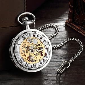 VIGOROSO Mens Classic Steampunk Pocket Watch with Chain Skeleton Hand Wind Mechanical Pocket Watches for Men & Women