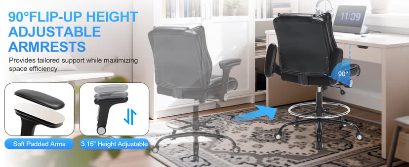 Office Drafting Chair, Tall Desk Chair with Adjustable Armrests and Footrest Ring PU Leather Standing Desk Chair with Extra Thicken Seat Cushion, Comfy High Office Chair for Counter Height Desk, Black