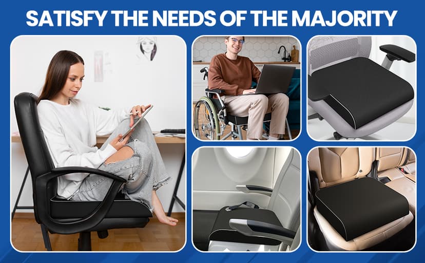 SweetSlubr Seat Cushion for Tailbone Pain Relief, Office Chair Cushion, Memory Foam Large Cushion with Non-Slip Cover for Soft Support at Office Chair, Car Seat, Airplane, Floor Pillow, Black/Large