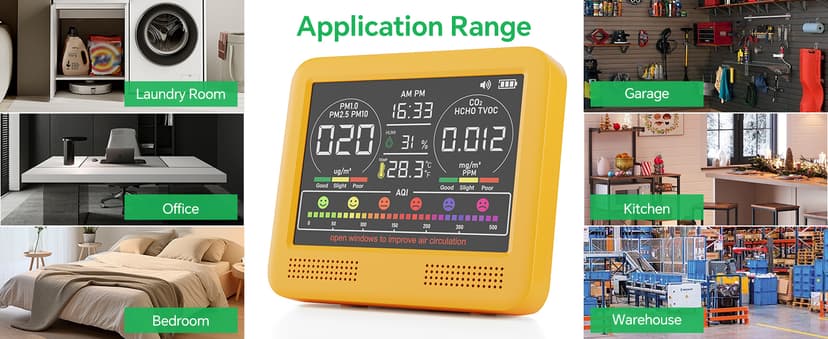 16-in-1 Indoor Air Quality Monitor with PM1.0,PM2.5,PM10,CO2,HCHO,TVOC,Temperature,Humidity,Time Display &7 AQI Alarms – Professional Air Quality Tester for Home, Office & Indoor Use