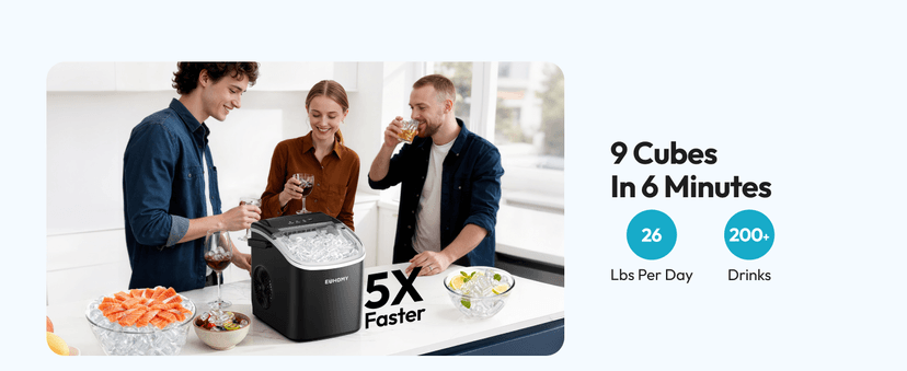 EUHOMY Countertop Ice Maker Machine with Handle, 26lbs in 24Hrs, 9 Ice Cubes Ready in 6 Mins, Auto-Cleaning Portable Ice Maker with Basket and Scoop, for Home/Kitchen/Camping/RV. (Black)