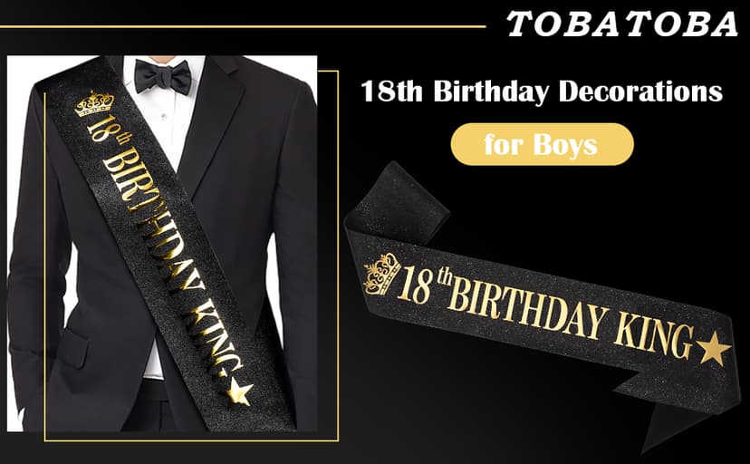 TOBATOBA 18th Birthday King Sash 18th Birthday Decorations for Boys, Gold Foil Black Satin Birthday Sash for Boys 18th Birthday Gift for Boys 18th Birthday Party Favors Decorations