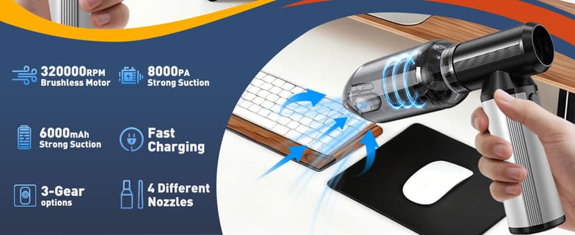 Compressed Air Duster, 2-in-1 Duster Blower & Vacuum with 320000RPM Super Power, Electric Air Duster Rechargeable, 3-Gear Adjustable Air Blower for Keyboard, Computer, Car, Home, and Outdoor Cleaning
