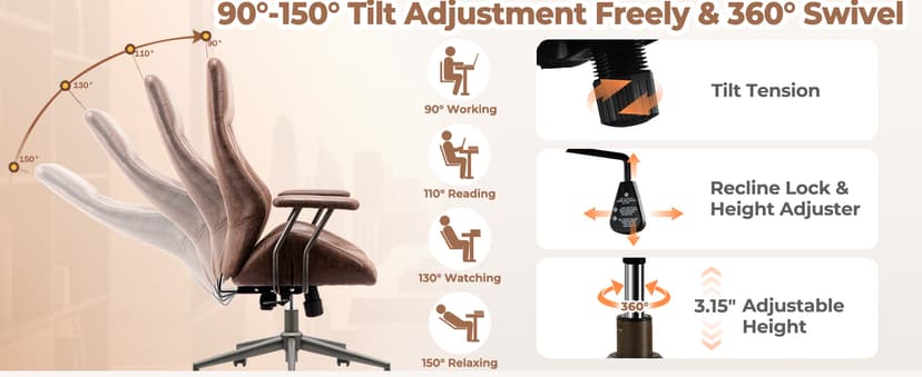 ovios Ergonomic Office Chair, High Back Faux Leather Executive Chairs with Armrests, Comfy Mid-Century Modern Swivel Rolling Computer Armchair (Dark Brown, Suede Leather)