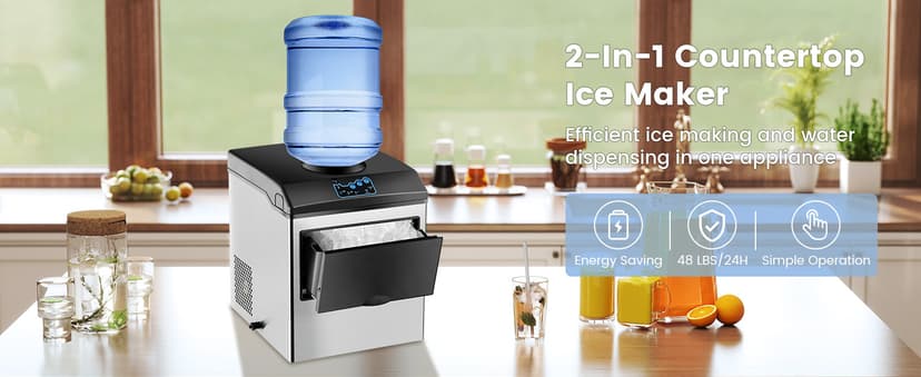 ARLIME Ice Maker with Water Dispenser, 2 in 1 Countertop Ice Maker with 5 lbs Storage Basket, 2 Ways to Add Water, 48 Pounds in 24 Hours, Water Cooler for 5 Gallon Bottle, Perfect for Home Office