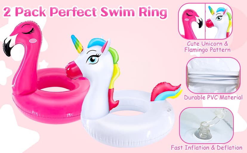 2 Pack Pool Floats for Kids Unicorn Flamingo Swim Ring Kids Pool Floaties Inflatable Swimming Pool Raft Party Water Toys for Age 2-5 Year Toddlers Girls Boys Summer Beach Float