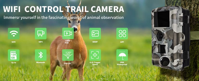 Trail Camera, 60MP Hunting Camera with WiFi, 32GB TF Card, Night Vision, Motion Activated, IP66 Waterproof, 120°Wide-Angle for Deer Scouting or Home Security, APP Control, H.264 MP4 Video