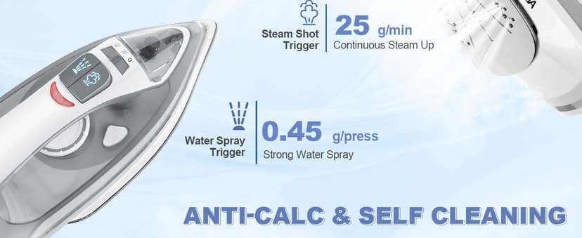 OSTBA 1600W Steam Iron for Clothes with Rapid Heating Nonstick Soleplate, Precise Thermostat Dial, Self-Cleaning, Anti-limescale, Drip Stop Function, 300ml Water Tank Clothes Iron