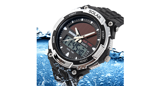 MASTOP Solar Powered Energy Watch for Men Military Digital Multifunctional Led Luminous Indication 2 Time Zone 50m Waterproof Watch Reloj Solar para Hombre