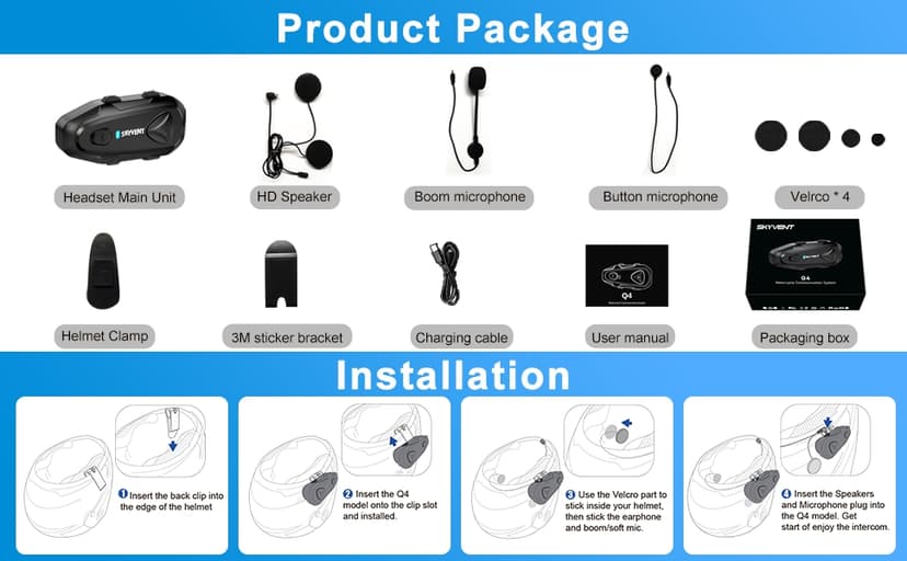 Q4 Motorcycle Bluetooth Communication System Headset Intercom, 4 Riders 1500m Music Sharing, FM, Noise Cancellation, IP65 Waterproof, Dual Pack (Q4)