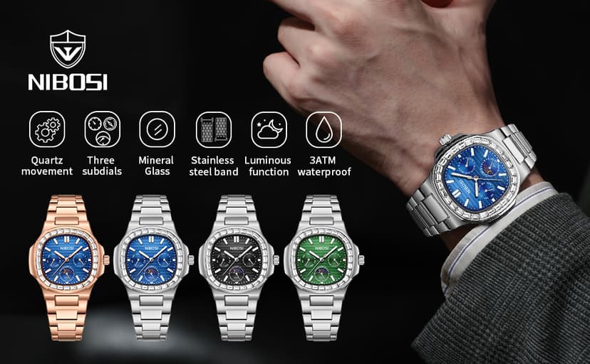 NIBOSI Men's Watches - Analog Quartz Chronograph Watch for Men, Waterproof Luxury Diamond Luminous Dial Business Dress Watch for Anniversary Graduation and Birthday Gifts