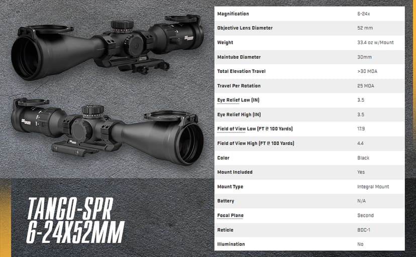 SIG SAUER Tango-SPR 4-16x44mm 30mm Tube Second Focal Plane/SFP/F2 Shockproof Waterproof Fogproof Tactical Riflescope | MOA BDC-1 Reticle, SPR Scope Mount, Flip-Back Caps Included, SOTS44000