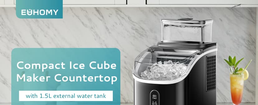 EUHOMY Ice Cube Maker Machine Countertop with External Water Tank, 2 Ways to Add Water, 34Lbs/Day, 16Pcs Ready in 7 Mins, Auto-Cleaning, with Ice Scoop & Basket, for Home/Kitchen/Office/Bar (Black)