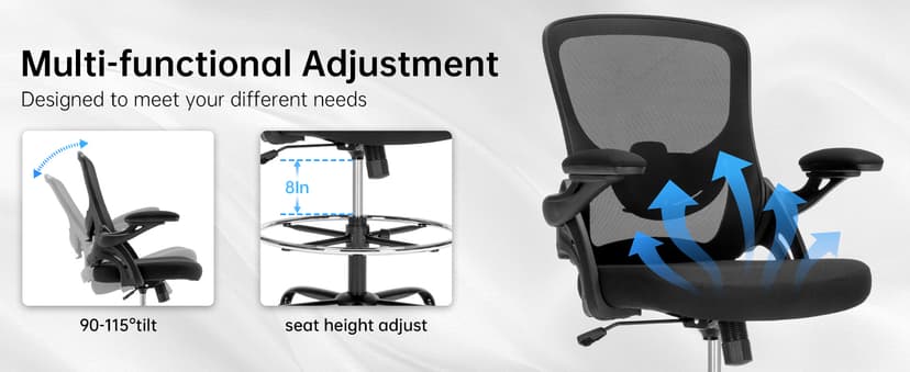 Drafting Chair Ergonomic Comuputer Standing Desk Chair with Flip-Up Arms and Lumbar Support, Tall Office Chair with Adjustable Footrest, Stool Counter Height Office Chairs Black