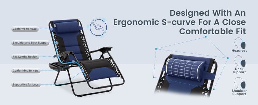 PHI VILLA Zero Gravity Chair Set of 2, Padded Anti Gravity Recliner, Oversized 28" Wide Seat, Foldable Patio Lounger with Armrest & Cup Holder, Supports 400 LBS (Blue Black)