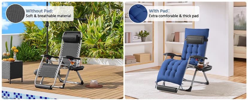 Yaheetech Zero Gravity Chair, Folding Reclining Lounge Recliner with Removable Pad & Headrest & Side Cup Holder Tray for Indoor and Outdoor Navy Blue/1