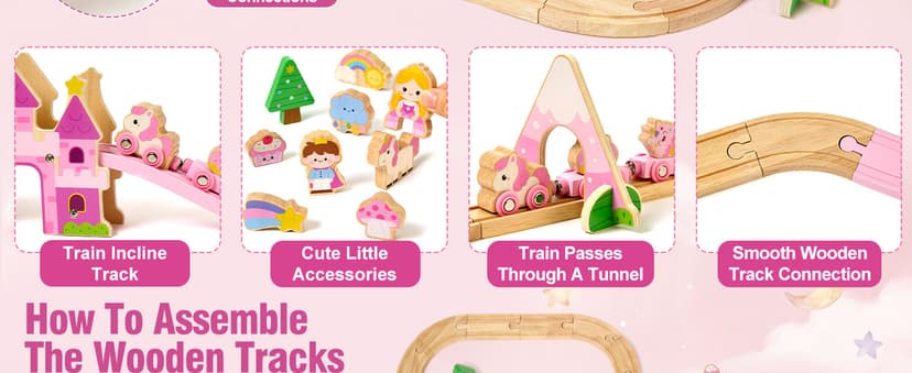 Princess Castle & Magnetic Trains, Compatible with Most Wooden Train Tracks, Birthday Gift for Girls 3 4 5 Year Old Atoylink Wooden Train Set for Toddler Girls, 40Pcs Pink Unicorn Train Toys B0H6HGYDWR