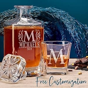 Personalized Whiskey Decanter Set - 5 Design Options - Custom Liquor 25 oz, 750ml Liquor Decanter w/Whiskey Glass Set Options, Birthday & Retirement Gifts for Men