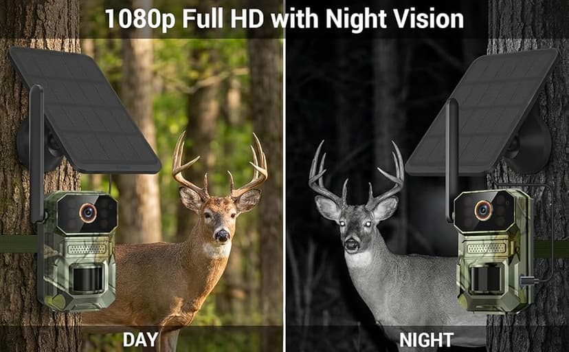 4G LTE Cellular Trail Camera with Solar Panel, 1080p Full HD Game Cameras, Live View, Night Vision, Motion Detection, 2-Way Talk, IP65, Built-in SIM Card, Unlimited Plan (Sold Separately)