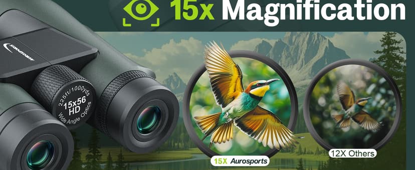 Aurosports 15x56 High Powered Binoculars for Adults - HD Large View Binos with Clear Low Light Vision - Non-Reflective Shell for Bird Watching, Hunting, Wildlife, Cruise, Travel - Gift for Men