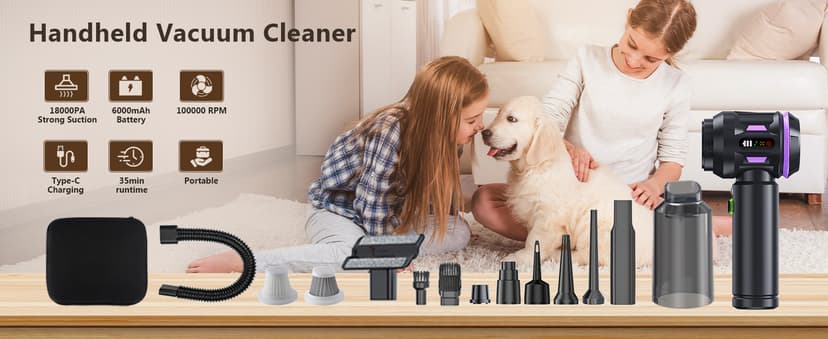 22000PA High Power Cordless Handheld Vacuum & Car Vacuum Cleaner, 4-in-1 Air Duster & Inflator with Brushless Motor, USB-C Charging, LED Light, for Home, Car, Pet, Black Purple