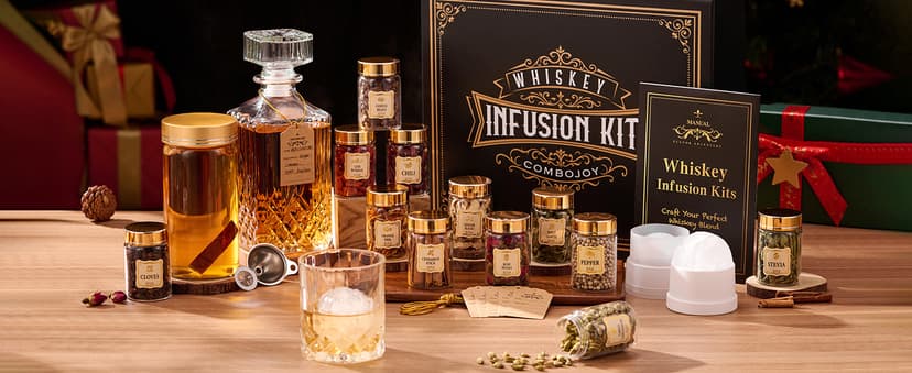 Whiskey Infusion Kit Gifts for Men – 12 Natural Ingredients, Decanter, Infusion Jar, Glass, Ice Mold – DIY Whiskey, Bourbon, Rum & Cocktail Infusion Set for Him, Dad, Husband