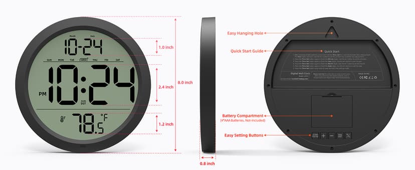 Digital Wall Clock with Date, Indoor Temperature, Auto-DST, Battery-Operated Digital Clock, 8 Inch Small Decorative Wall Clock for Bedroom, Living Room, Home, Kitchen, Office, Modern, Electric, Simple