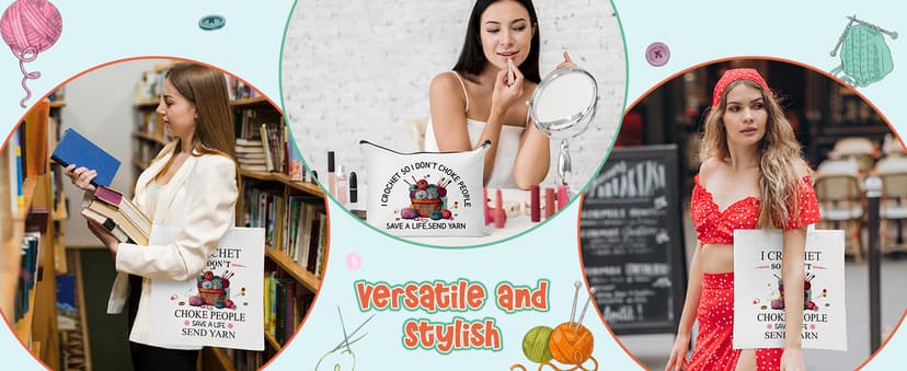 Y1tvei Crochet Canvas Tote Bag - 2Pcs Cosmetic Pouch Tote Bag Reusable Grocery Folding Shopping Bag for Crocheters Women