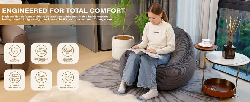 Bean Bag Chair, Cozy Fluffy Beanbag Chairs with Filler for Teens and Kids, Floor Lazy Sofa for Living Room Gaming & Reading (M-Charcoal)