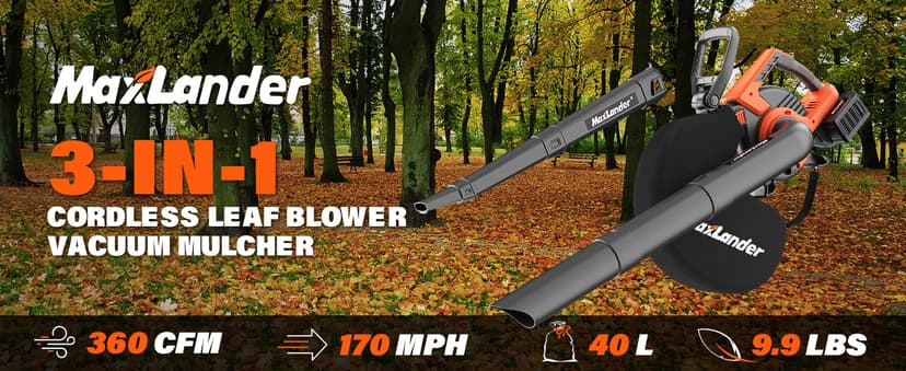 MAXLANDER Cordless Leaf Blower & Vacuum with Bag, 3-in-1 Brushless Battery Powered Leaf Vacuum Mulcher 40V 170MPH 360CFM 5 Speeds Leaf Blowers for Lawn Care 2x4.0Ah Battery & Charger Included