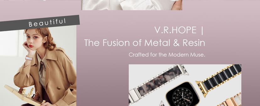 V.R.HOPE Apple Watch Band for Women 38mm 40mm 41mm 42mm Fashion Rose Gold Stainless Steel Metal Strap with Resin Inlay, Fashion Bracelet Compatible with iWatch Series 11/10/9/8/7/6/5/4/3/2/1/SE (Fluorescent White+Rose Gold)