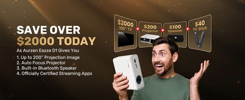 Aurzen EAZZE D1 Smart Projector with WiFi and Bluetooth, Netflix-Officially-Licensed, Auto Focus & Keystone, DoIby Audio, Zoom, Native 1080P Movie, Portable Outdoor Mini Projector, White