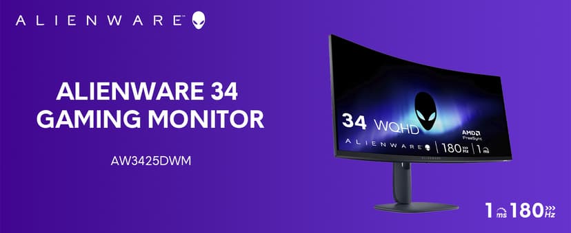 Alienware 34 Curved Gaming Monitor – AW3425DWM - 34-inch WQHD 180Hz 1ms Display, 1500R, AMD FreeSync Premium, VESA AdaptiveSync.