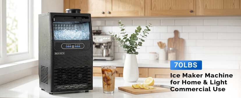 ROVSUN 110LBS/24H Commercial Ice Maker Machine with 50lbs Storage Bin, Freestanding/Countertop Ice Machine with 2 Water Inlets, Ice Scoop & Water Filter for Home Office Restaurant Bar Cafe Use