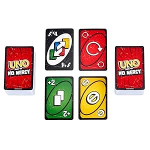 Mattel Games UNO Show ‘em No Mercy Card Game in Storage & Travel Tin for Kids, Adults & Family Night with Extra Cards, Special Rules & Tougher Penalties (Amazon Exclusive)