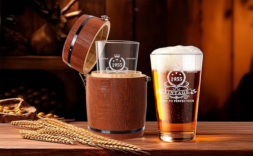 LIGHTEN LIFE 70th Birthday Gifts for Men 16oz,1955 Beer Glass in Barrel Box,70th Birthday Beer Glass,70th Birthday Gift Ideas,1955 Pint Glass for 70 Years Old Dad,Husband,70th Beer Glass