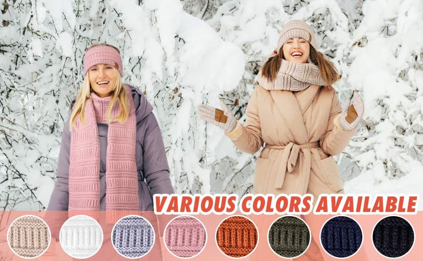 Womens Winter Beanie Hat Scarf Gloves Headband Set, Slouchy Beanie Ear Warmer Knit Scarf Touchscreen Gloves Warm 4 Gift Set